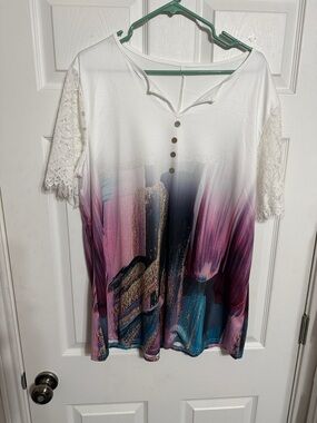 Source Unknown White Lace-Sleeve Ombre Tunic Top with Pink and Blue Accents